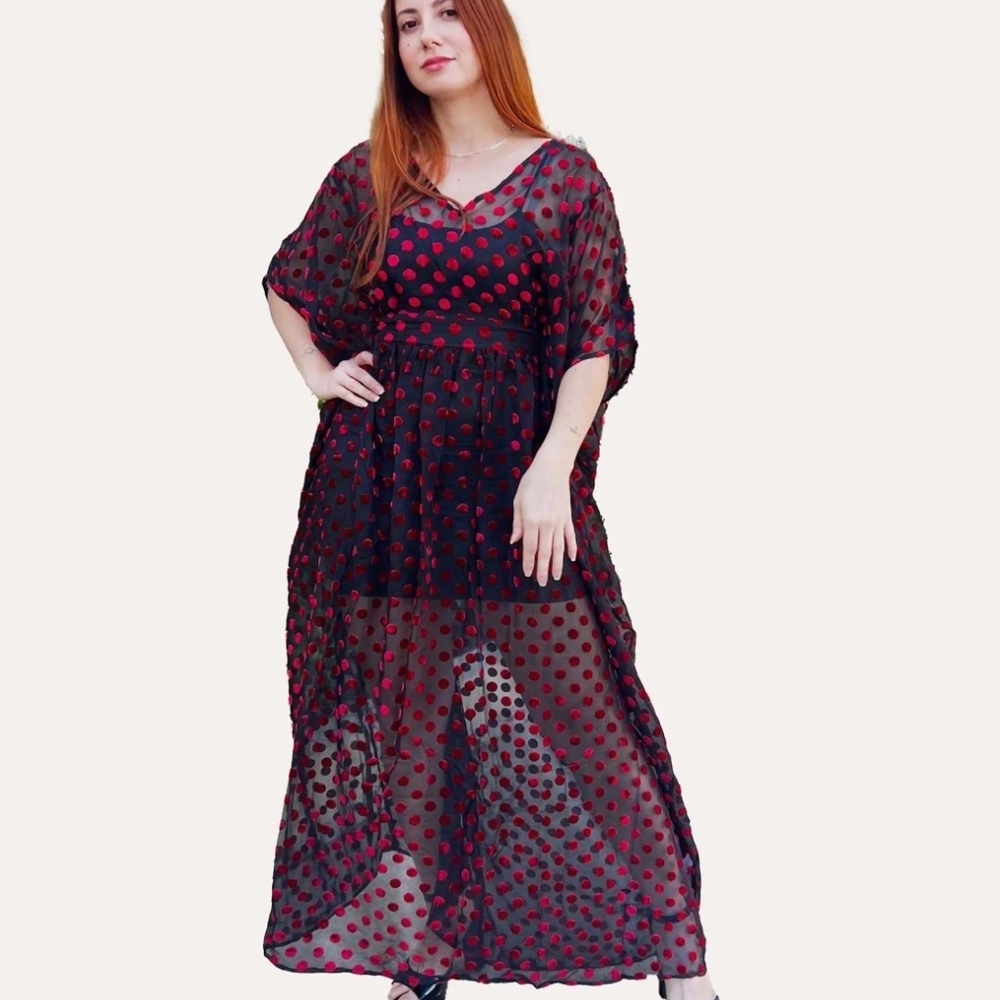 Unique Vintage Black and Red Swiss Dot Burton Sheer Caftan